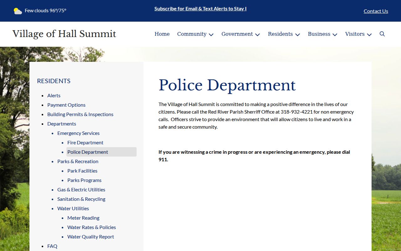 Hall Summit warrant records: village police page routing non-emergency calls to the parish sheriff