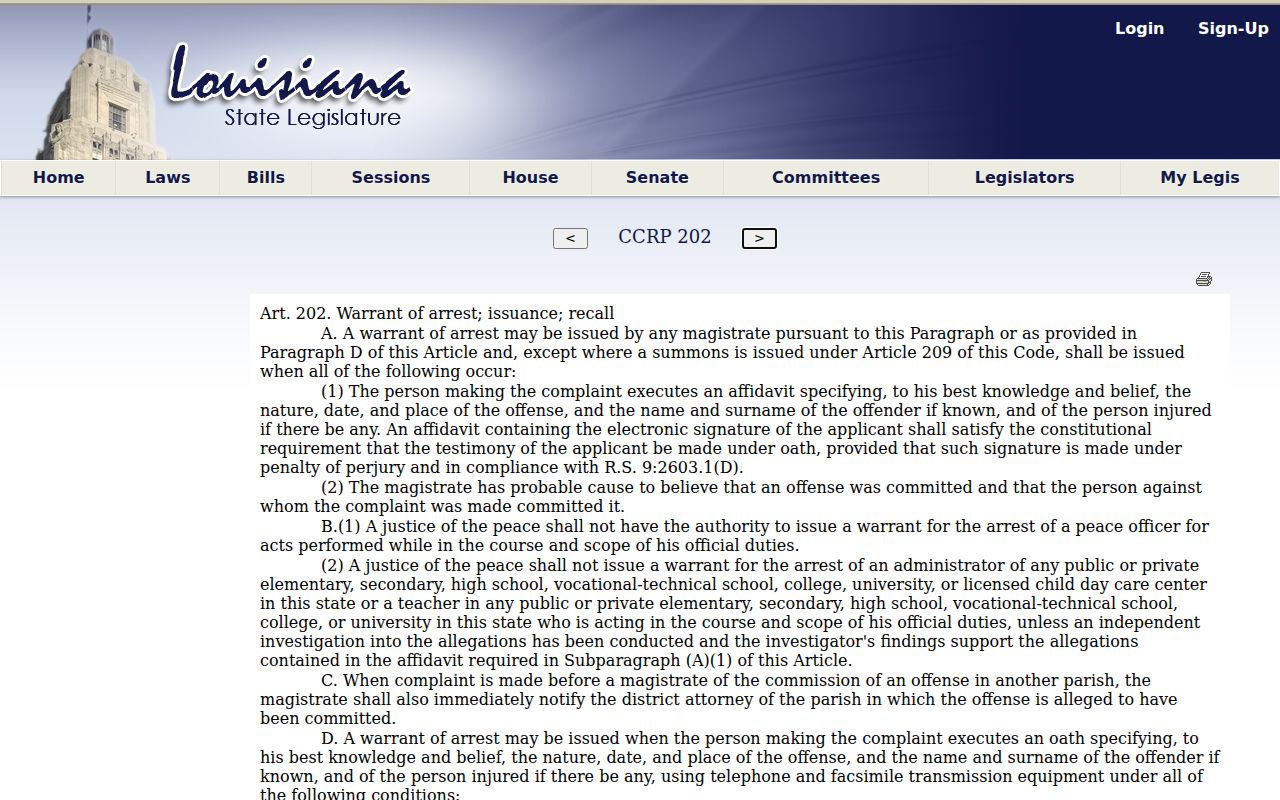 Red River Parish arrest warrant lookup: Louisiana arrest warrant and probable cause statute text