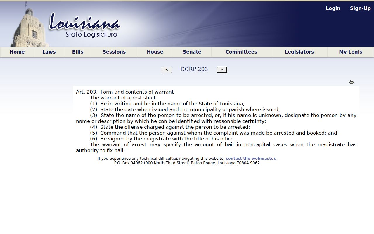 Red River Parish arrest warrant lookup: required fields listed in the Louisiana warrant statute