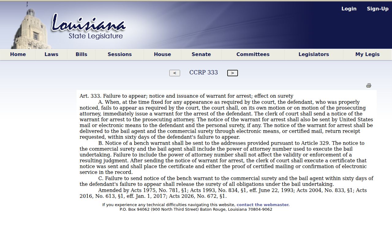Red River Parish bench warrant lookup: Louisiana failure to appear and bench warrant statute text