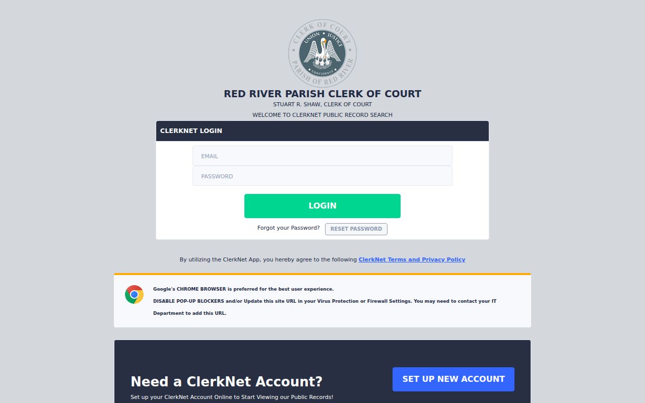Red River Parish warrant check: the ClerkNet criminal record login screen