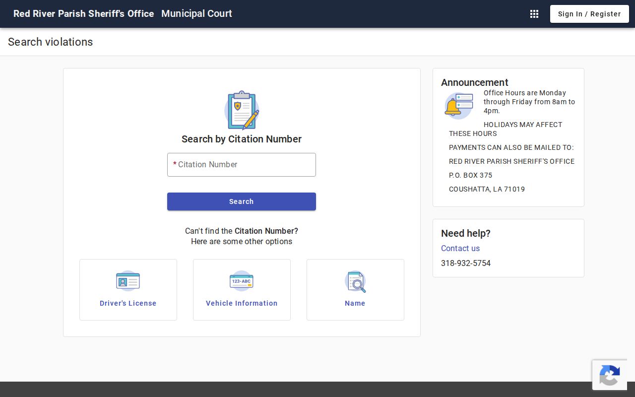 Red River Parish traffic warrant search: municipal court citation lookup interface